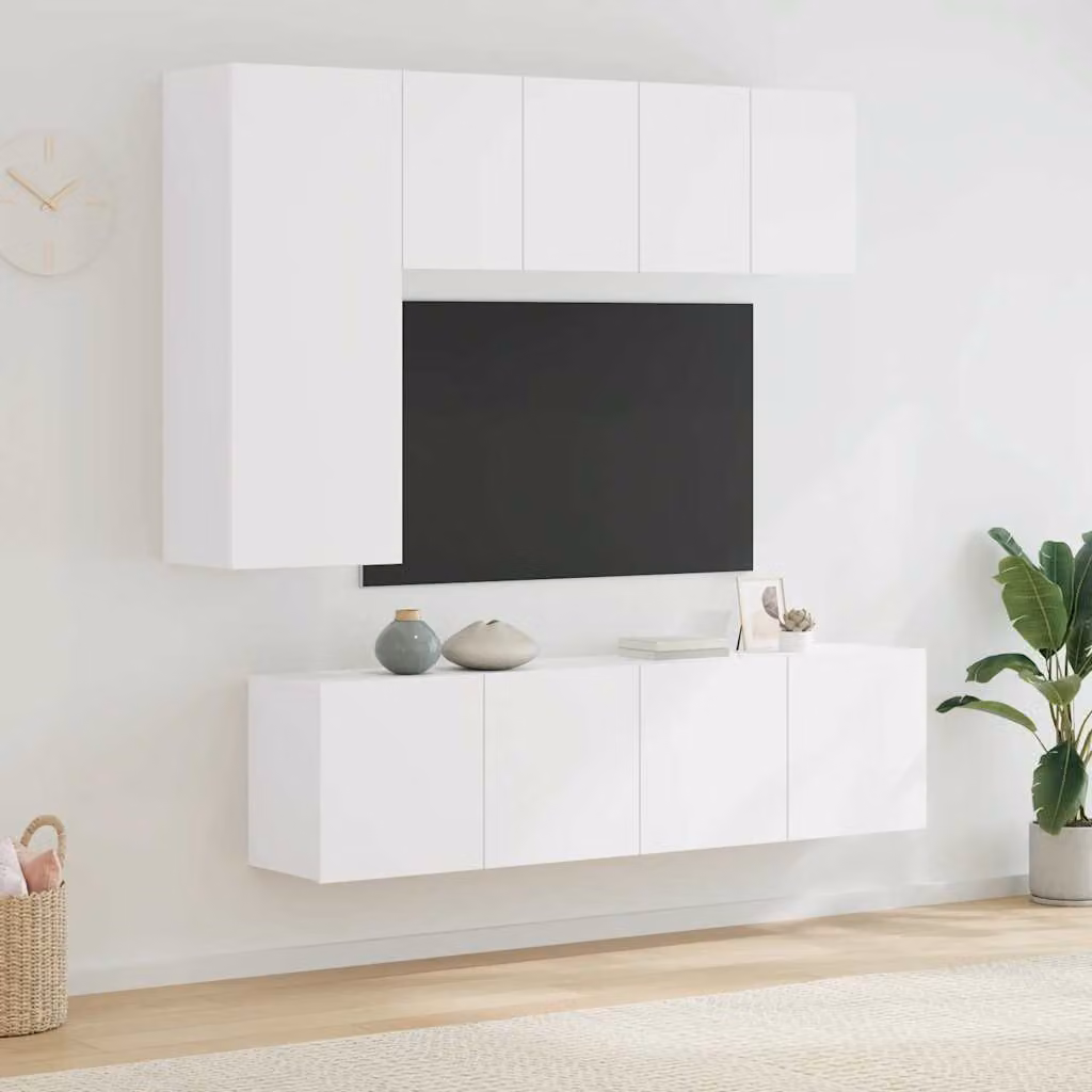 Set di 5 mobili TV da parete vidaXL moderni in legno e MDF, colore bianco opaco, L 102 cm x H 80 cm x P 30 cm