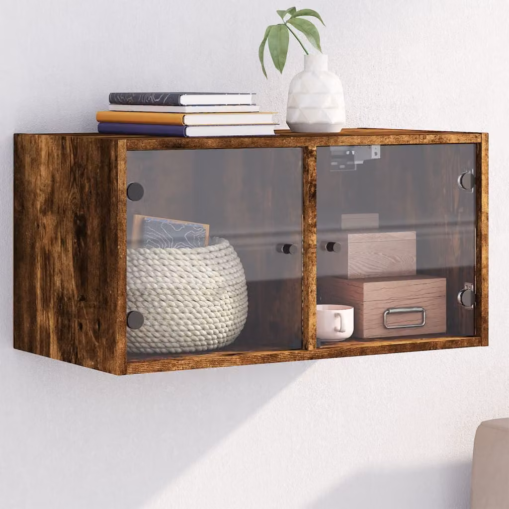 Mobile a muro vidaXL con ante in vetro e finitura rovere fumo, L: 68,5 cm, P: 37 cm, H: 35 cm