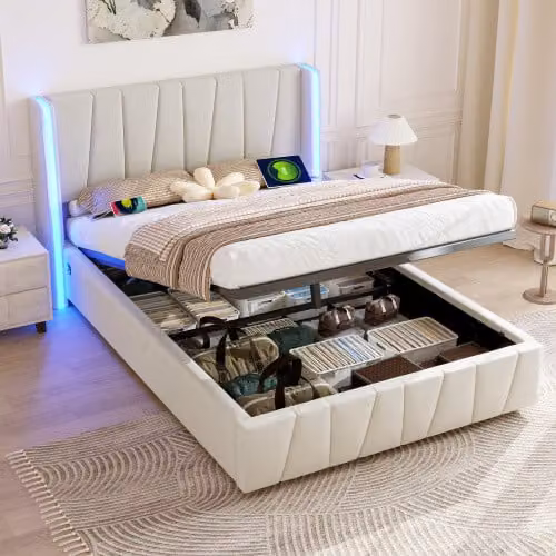 Giroletto AIORBER, 160x200cm, testata con striscia LED a 16 colori, 2 connessioni USB e 1 Type-C, letto a molle idrauliche con contenitore, velluto