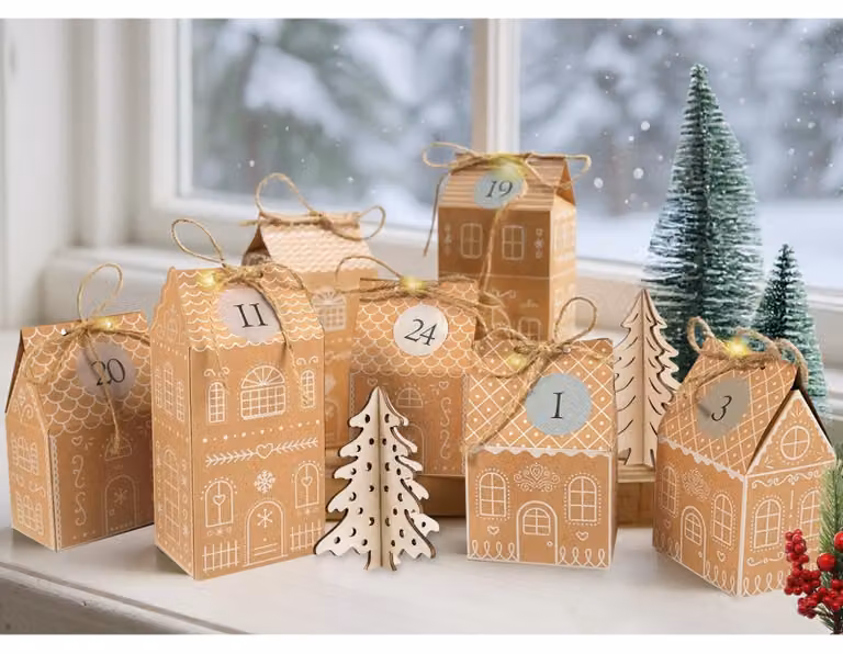 Calendario dell'Avvento con 24 casette in carta kraft da realizzare, complete di luci LED