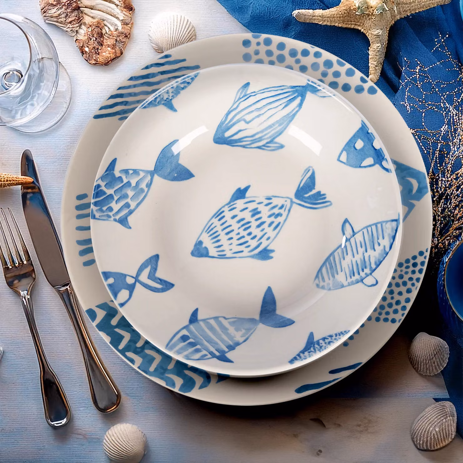 Servizio di piatti Agua GUSTO CASA in porcellana, 18 pezzi, mix blu e bianco – 2