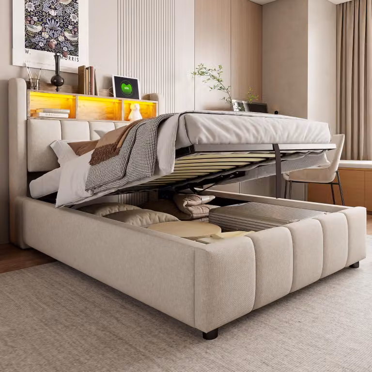 Letto imbottito 90x200 cm con LED, porte USB e Type-C, spazio contenitore ad apertura idraulica, testiera con superfici di appoggio, rivestito in lino, colore beige