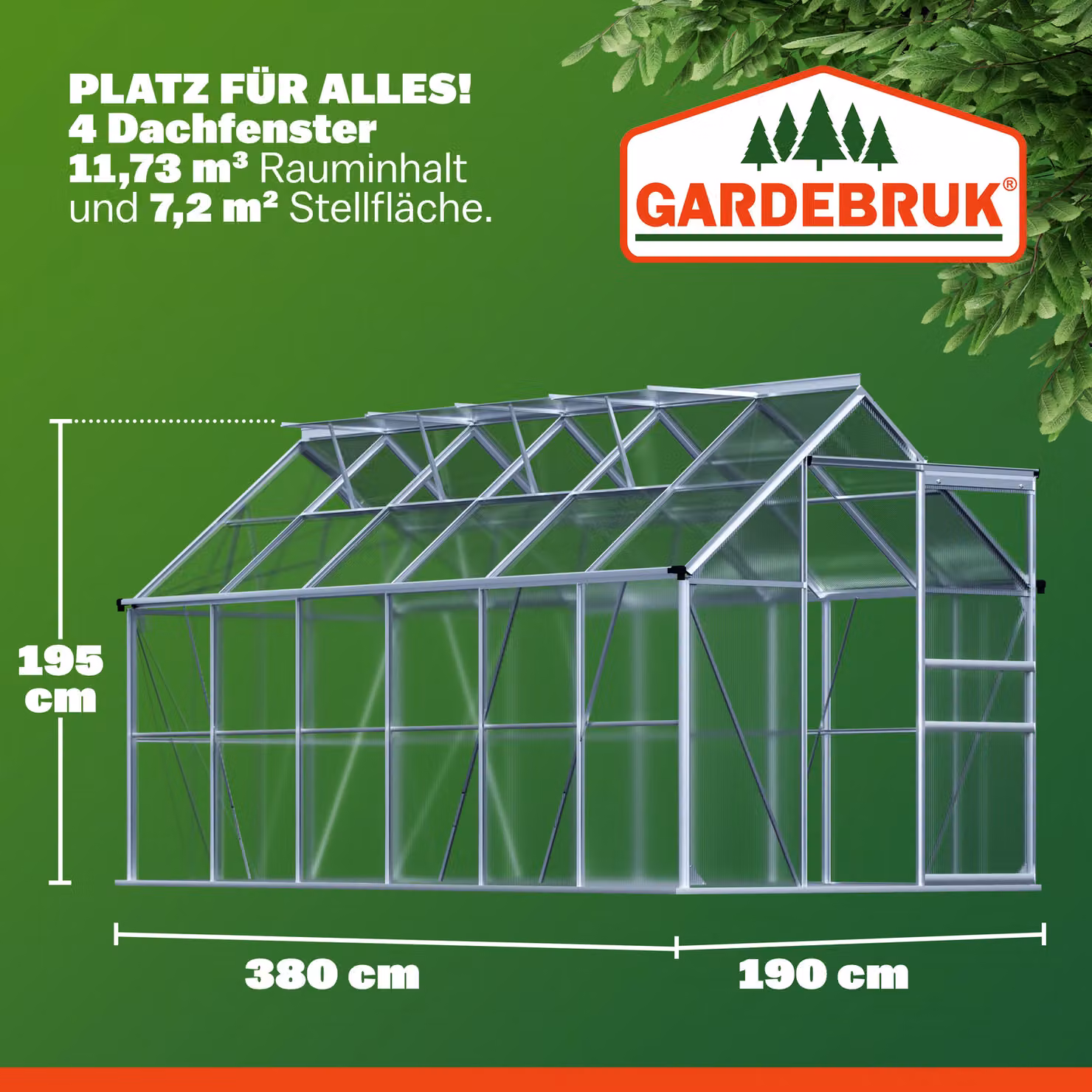 Serra Gardebruk® in alluminio argento con tetto in policarbonato e 4 lucernari L: 380 cm, P: 190 cm, H: 195 cm – 2