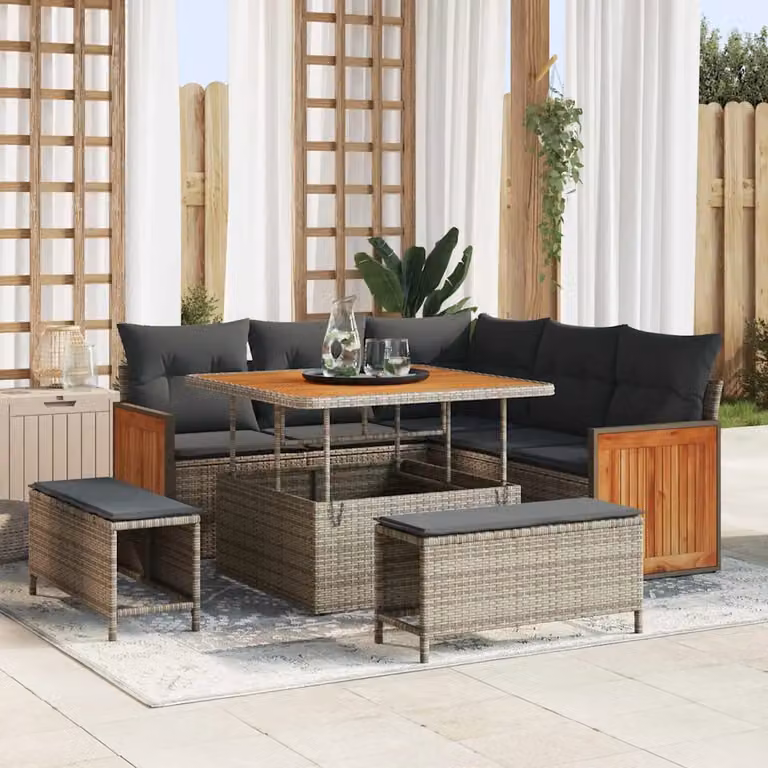 vidaXL Set Divano da Giardino a L con 9 Pezzi in Polyrattan Grigio e Acciaio con Cuscini e Tavolino