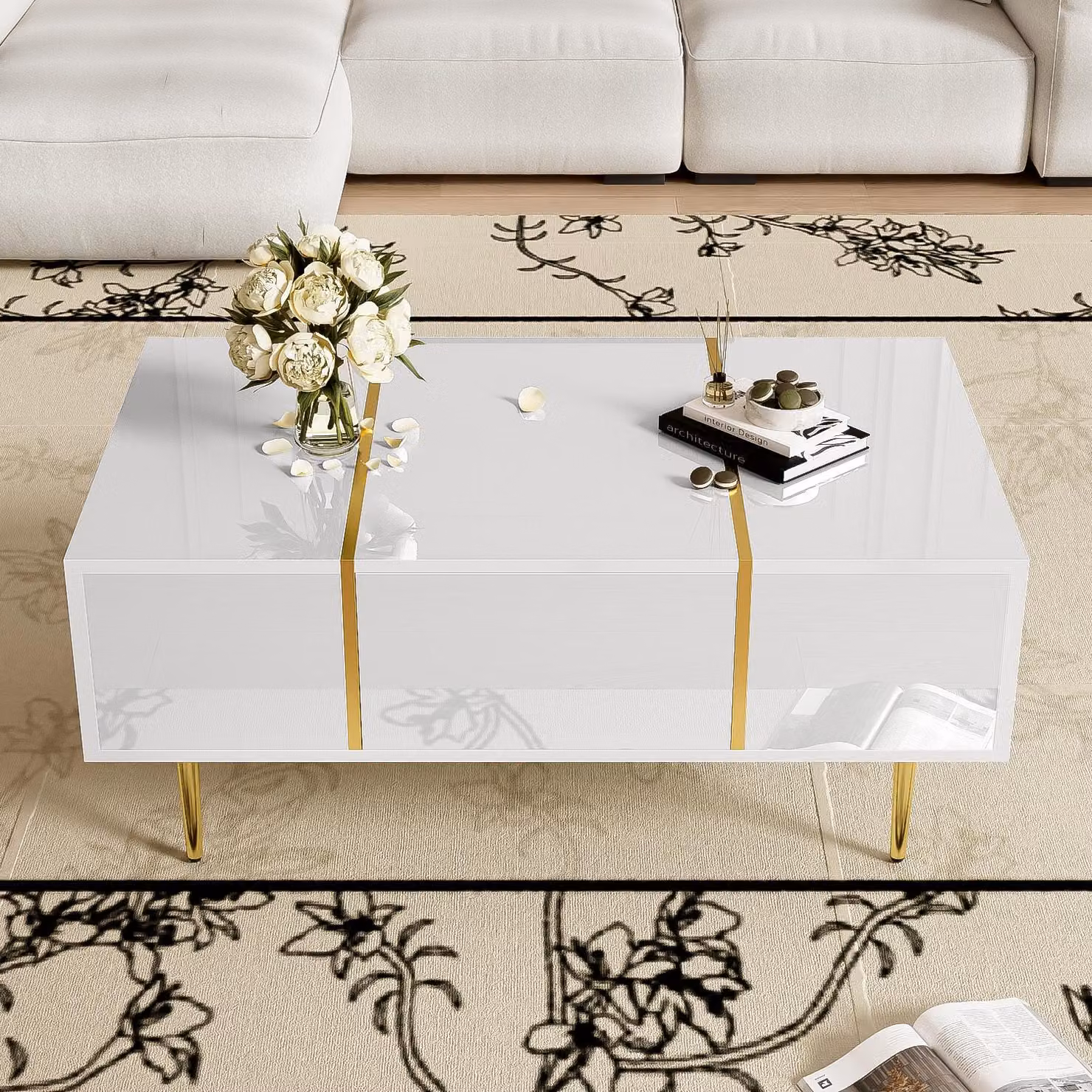 Tavolino da caffè lucido con 2 cassetti, gambe in metallo, moderno ed elegante, tavolo da salotto, bianco
