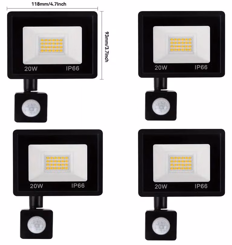 Fari a LED da esterno - Set da 4 con sensore di movimento PIR - 20 W per faretto - Luce bianca fredda 5500–7000 K - Grado di protezione IP66 - Alluminio - 220 V