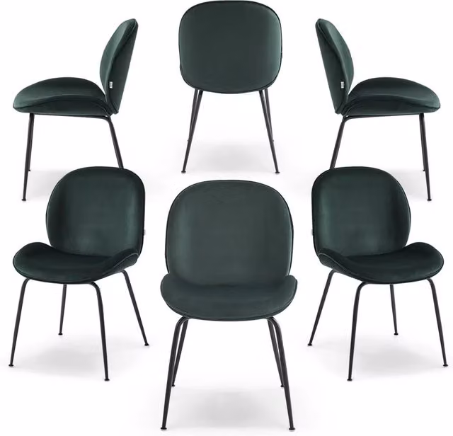 Set 6 sedie imbottite per sala da pranzo VITTORIA, design moderno, gambe coniche robuste in metallo, rivestimento in tessuto idrorepellente morbido al tatto colore Verde Petrolio
