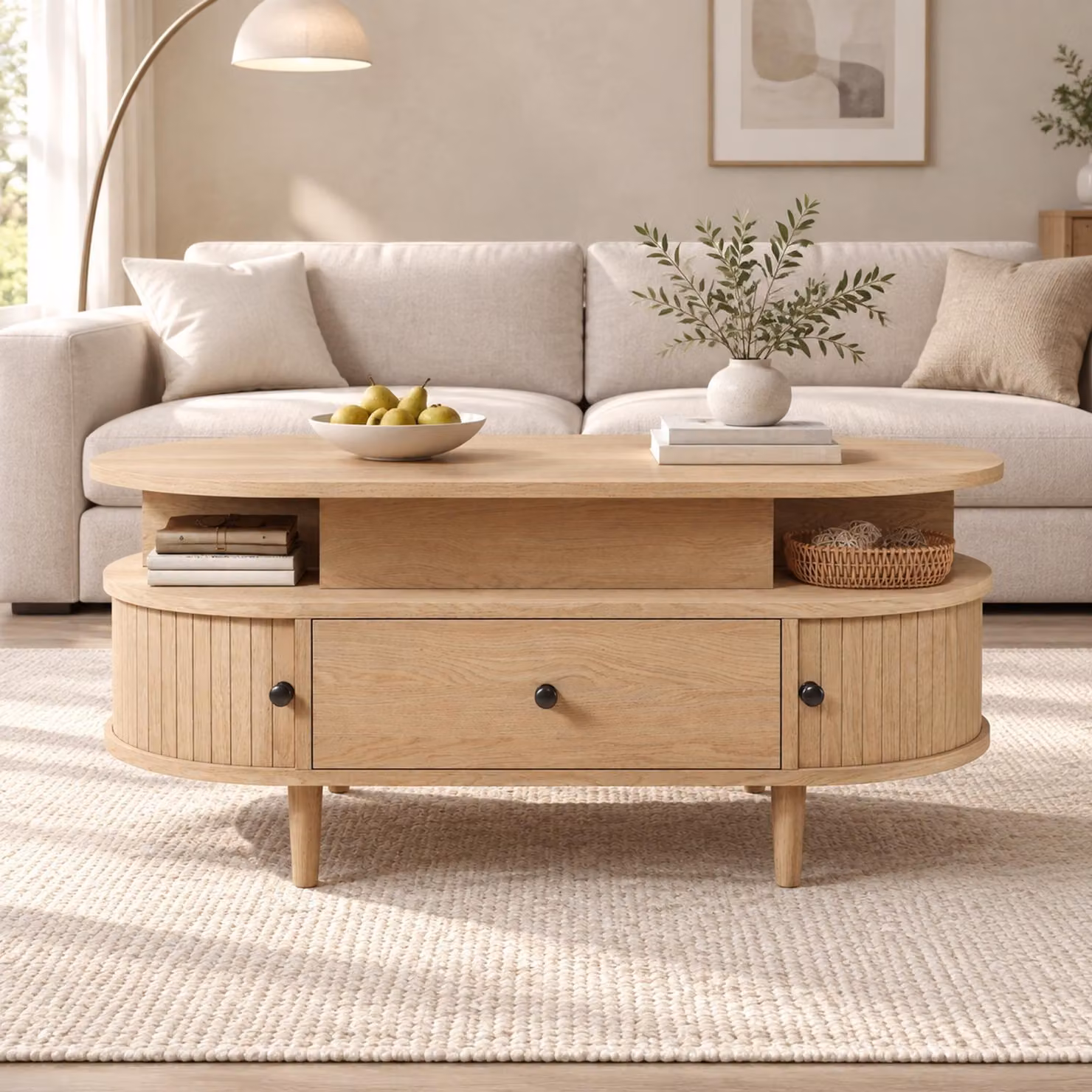 Tavolino ovale per divano, con piano sollevabile idraulico, 2 ante scorrevoli, cassetto grande, spazio contenitivo nascosto, design naturale