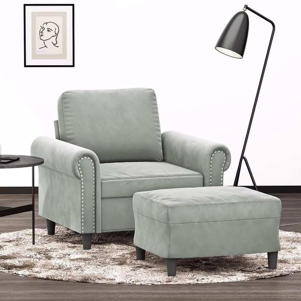 vidaXL Poltrona Relax con Poggiapiedi in Velluto Grigio con Braccioli e Struttura in Metallo e MDF – 1