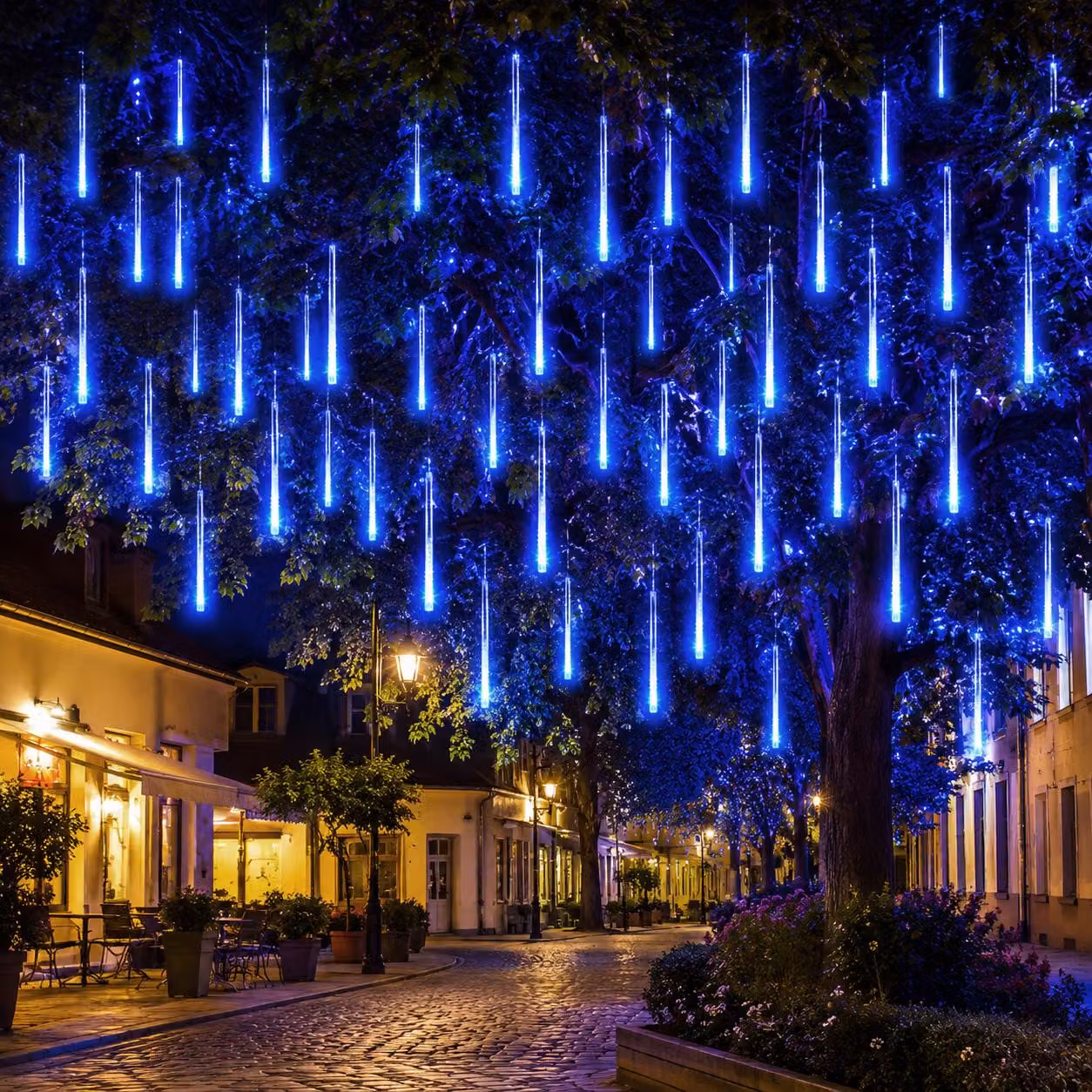 Pioggia di meteoriti, catena luminosa con 8 luci, effetto neve, luci natalizie, decorazioni per Natale, Halloween, matrimonio, colore blu, 30 cm, 192 LED