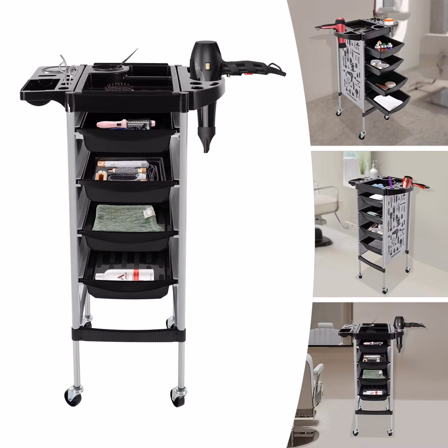 Carrello per parrucchiere in acciaio inossidabile bianco con 5 ripiani