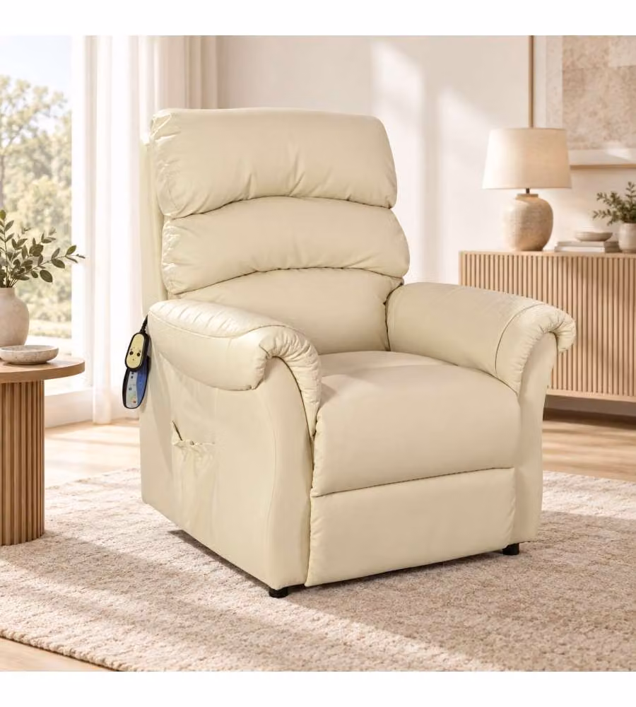 Poltrona Relax Massaggiante Crema - Recliner Elettrico, Alzapersona 90x90x105 cm
