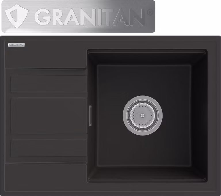 Granitan - Lavello in granito - Lavello da cucina - Nero - con sifone e sgocciolatoio - Lavello - WETAR