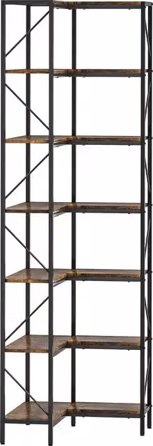 Libreria Angolare Industriale HOMCOM a 7 Livelli in Legno e Acciaio, Marrone Rustico, L/P/H: 60 x 60 x 198 cm