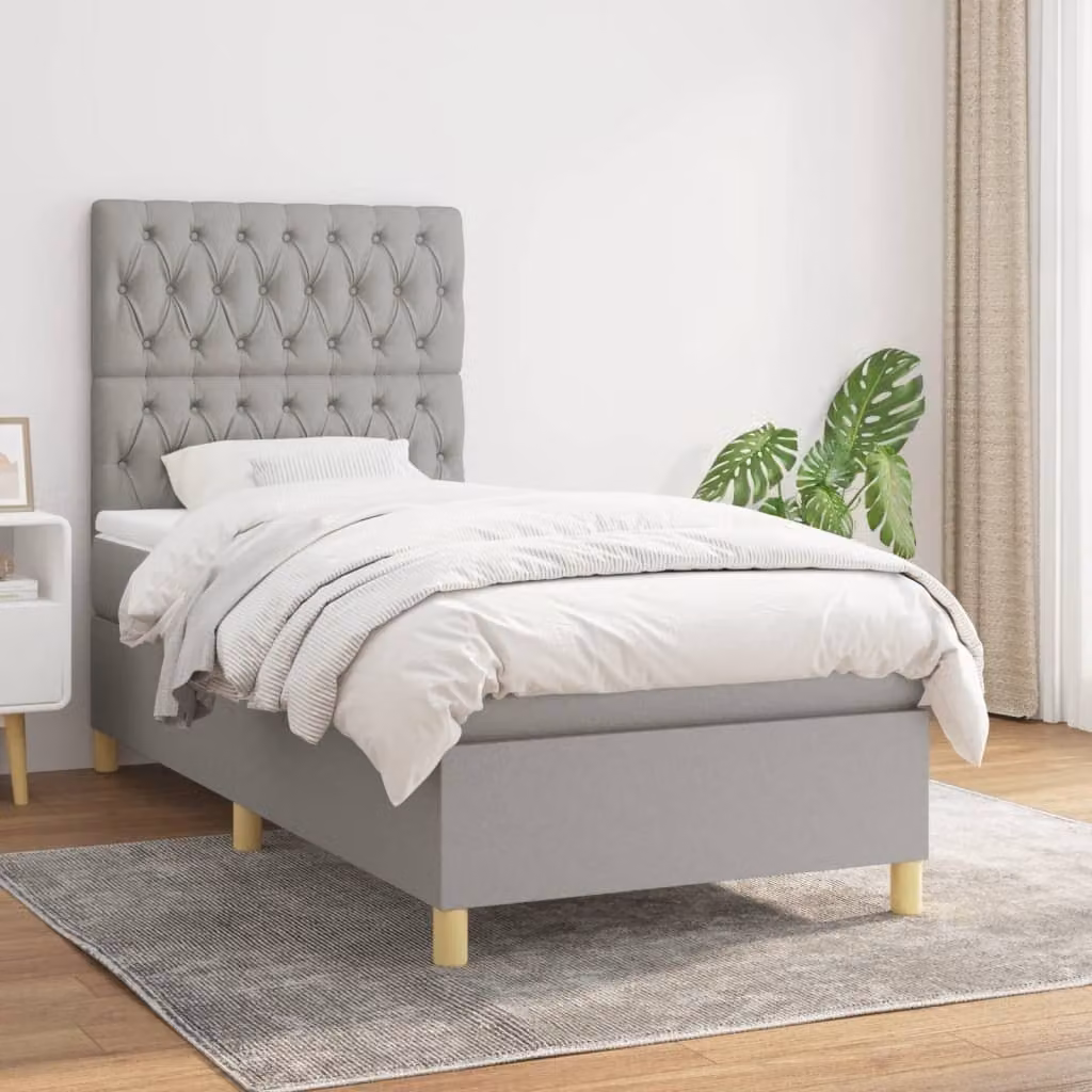 The Living Store Letto a molle con materasso grigio chiaro 90x200 cm in tessuto