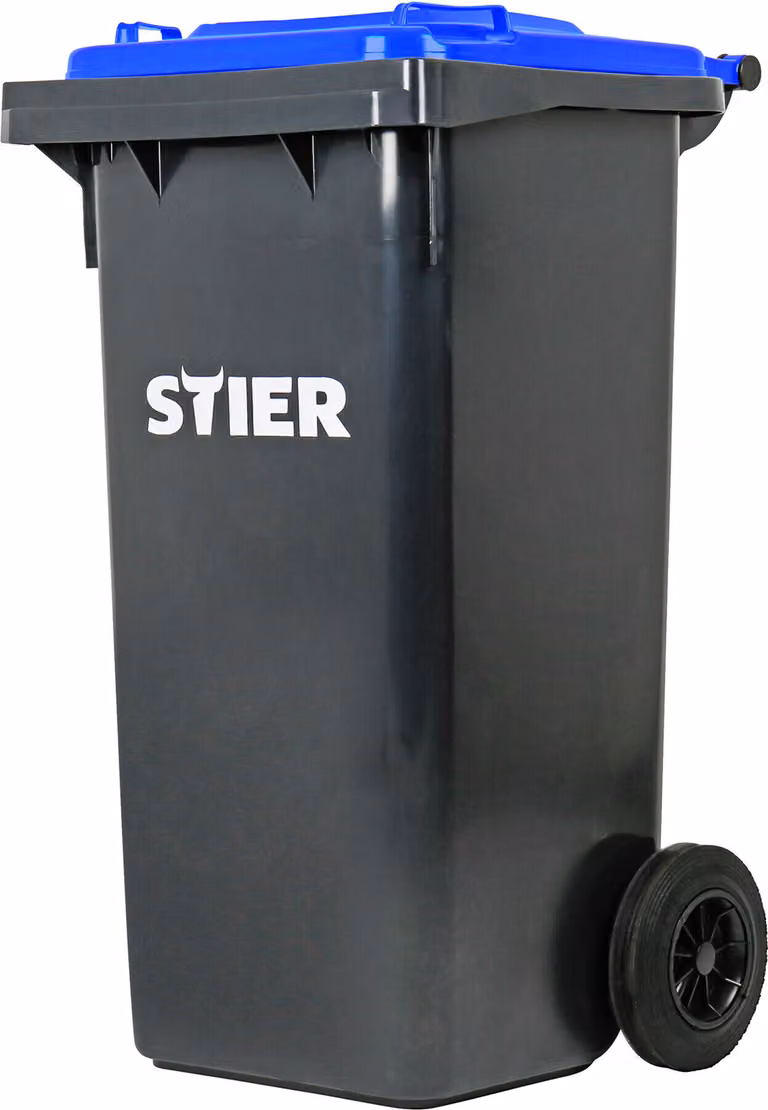 STIER Portarifiuti grande a 2 ruote, portarifiuti, volume 120 litri, portarifiuti, portarifiuti grigio, coperchio blu, dimensioni: 475 x 550 x 930 mm, portarifiuti residuo con ruote e coperchio