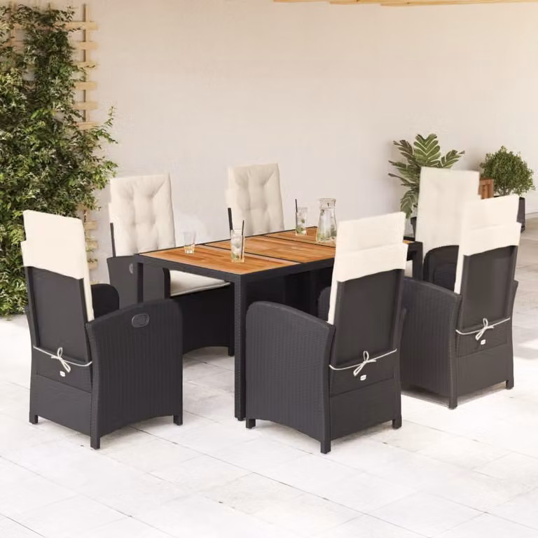The Living Store Set da pranzo da giardino 7 pezzi con cuscini in polirattan nero