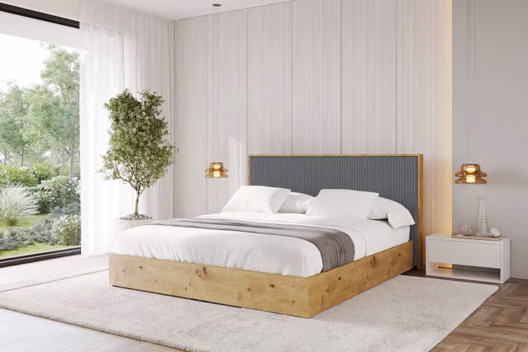 Letto imbottito ALTDECOR con contenitore - ENZO10 180x200 grigio scuro, rete a doghe, letto contenitore con testiera e vano portaoggetti, letto matrimoniale con materasso H3/H4