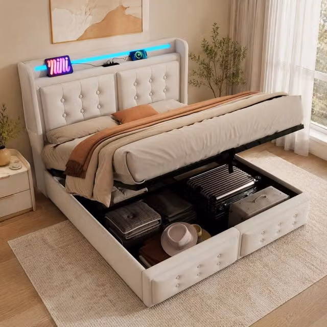 Letto matrimoniale imbottito MODFU beige con contenitore, illuminazione LED e porte USB, L/P: 160 x 200 cm