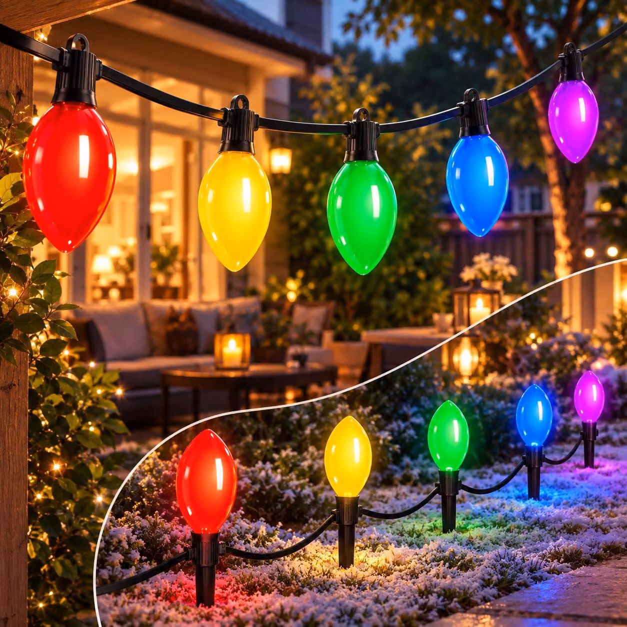Luci da giardino colorate a forma di cono, grado di protezione IP65, 10 lampadine LED, alimentazione a corrente