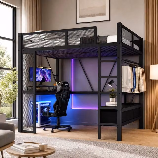 Letto a soppalco 140 x 200 cm con scrivania; 3 cassetti e LED; MDF e metallo; nero