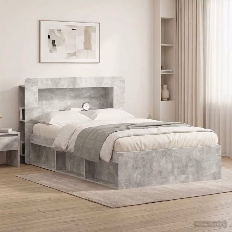 Testata del letto moderna vidaXL in legno ingegnerizzato grigio cemento con ripiani integrati L: 135,0 cm, H: 100,0 cm, P: 20,13 cm
