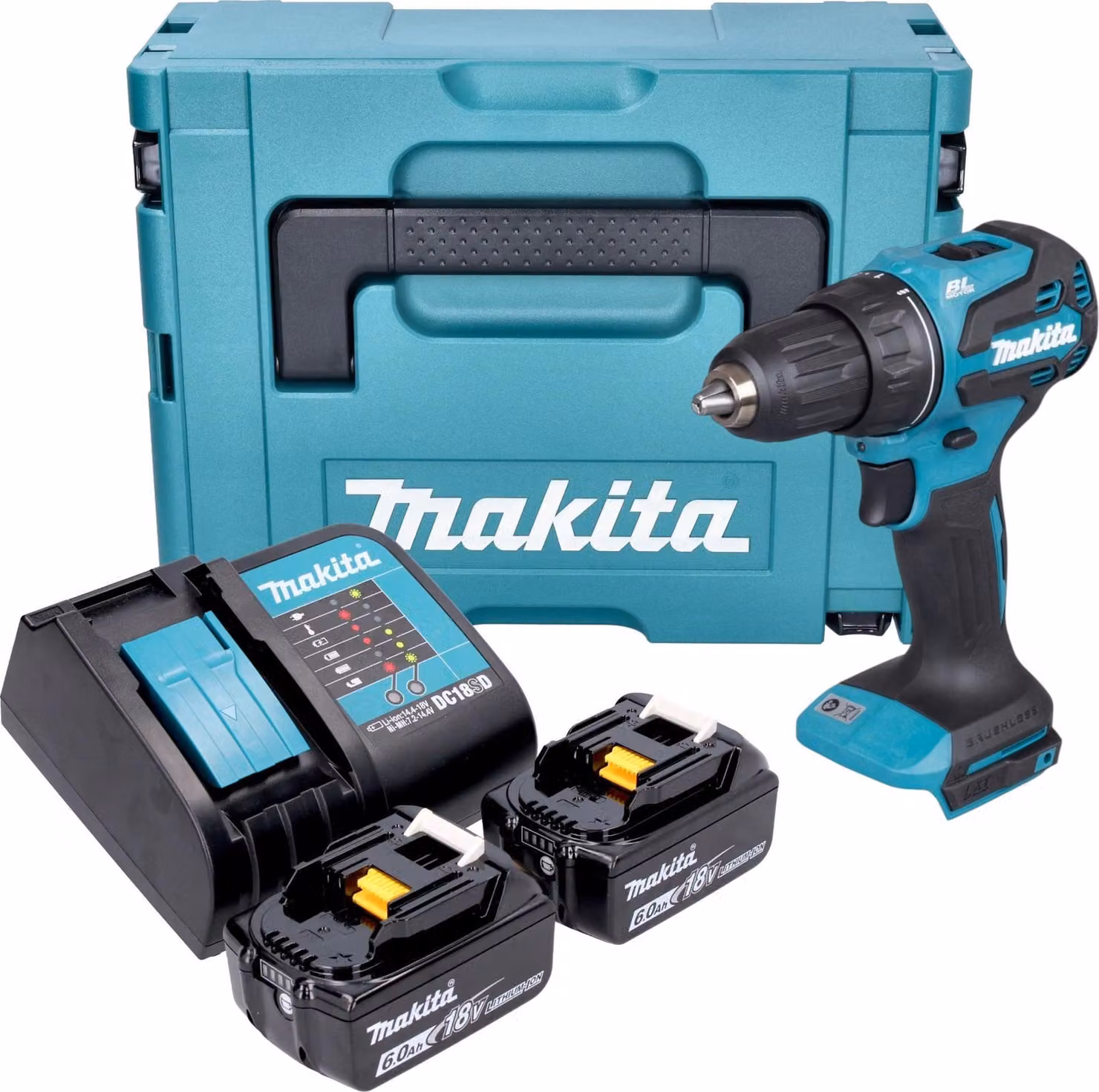 Makita DDF 490 SGJ Trapano avvitatore a batteria 18 V 65 Nm 1/2" Brushless + 2x batteria 6,0 Ah + caricabatteria + Makpac
