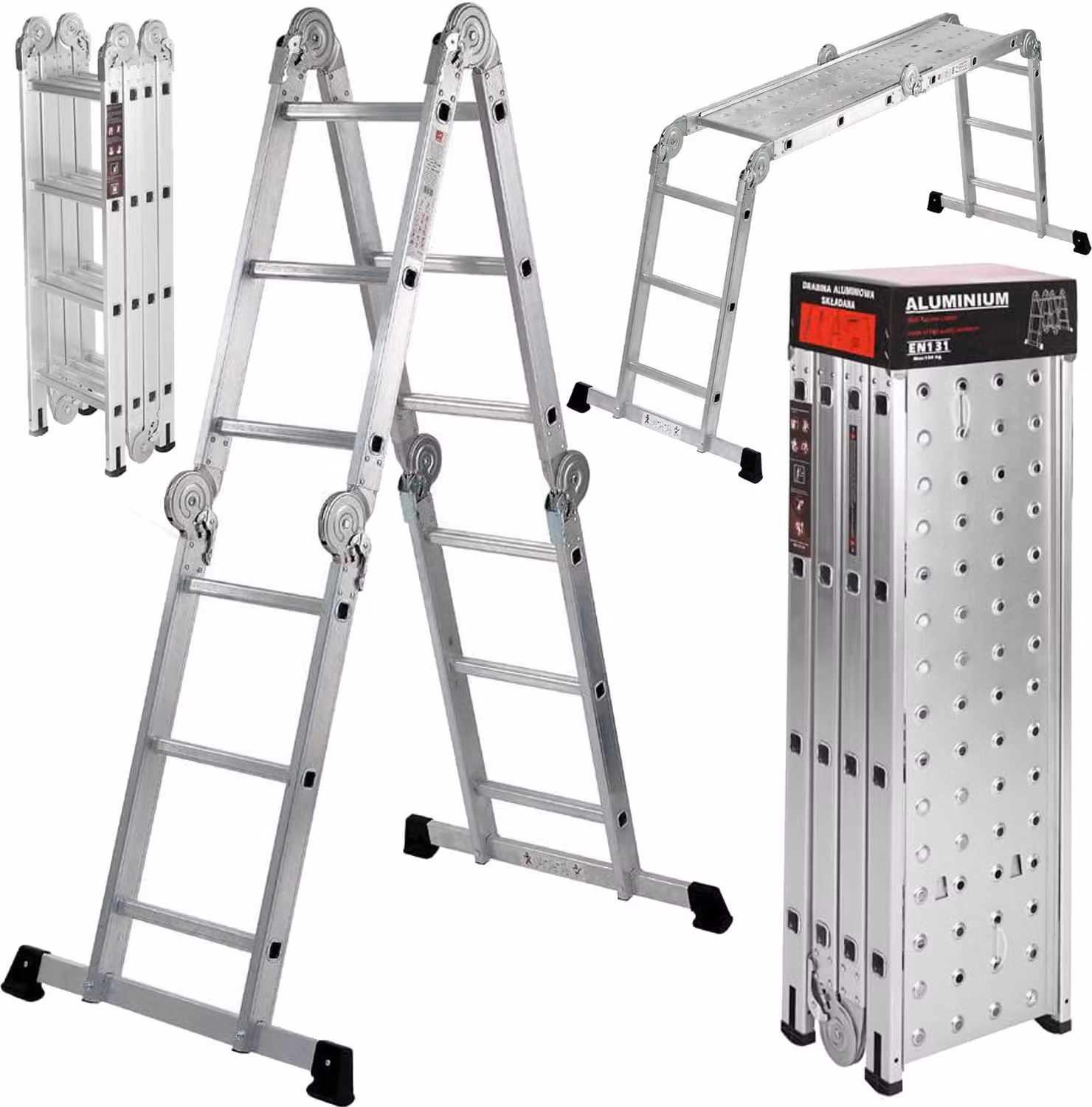 KRAFT&DELE | Scala multiuso, 4x4 gradini, 460 cm, 150 kg, scala multifunzionale con piattaforma, scala con 2 piastre da ponteggio, scala articolata, scala pieghevole, scala fissa, scala in alluminio, scala a gradini, scala combinata