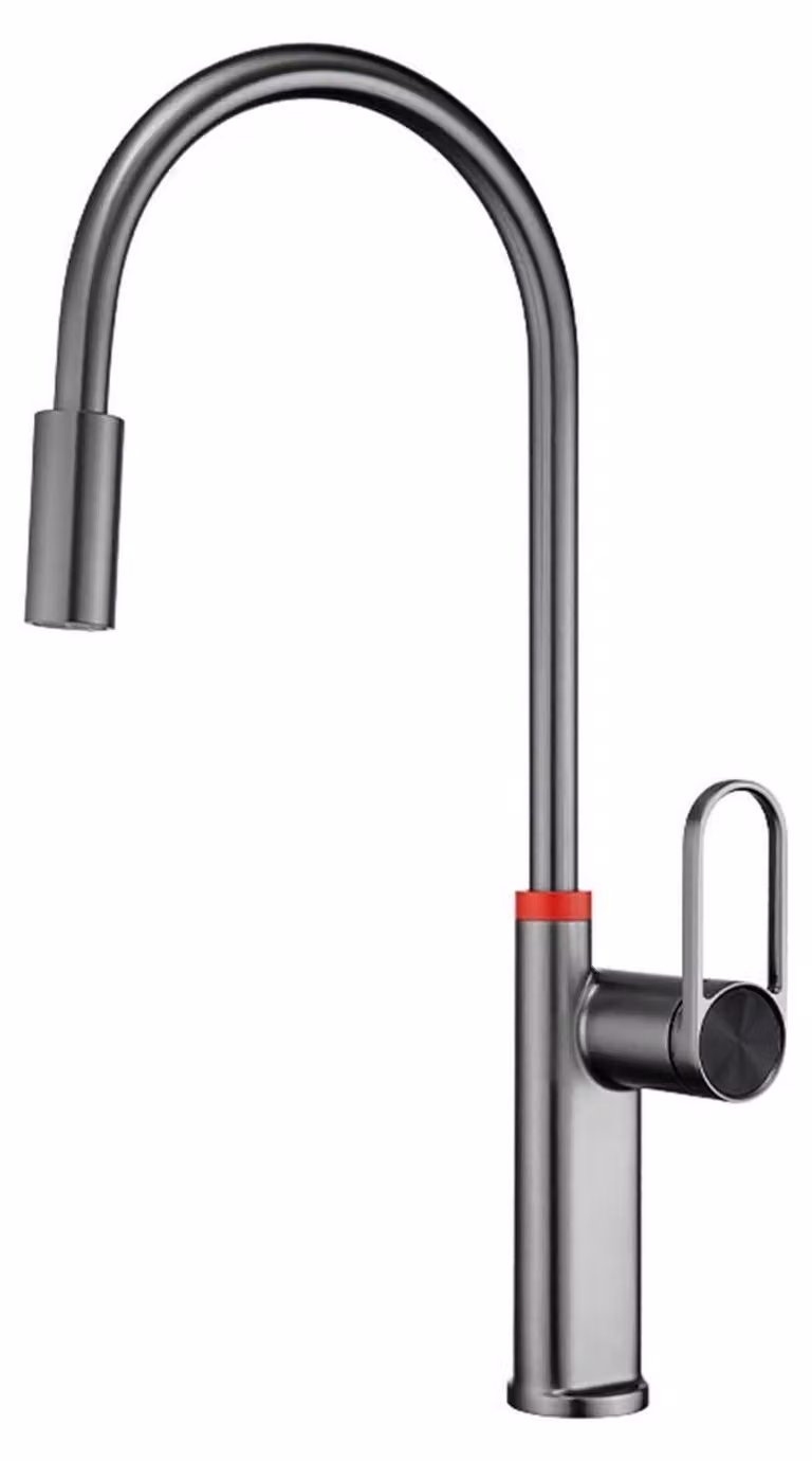 Rubinetto da cucina ad alta pressione con beccuccio girevole a 360° e finitura grigio gunmetal