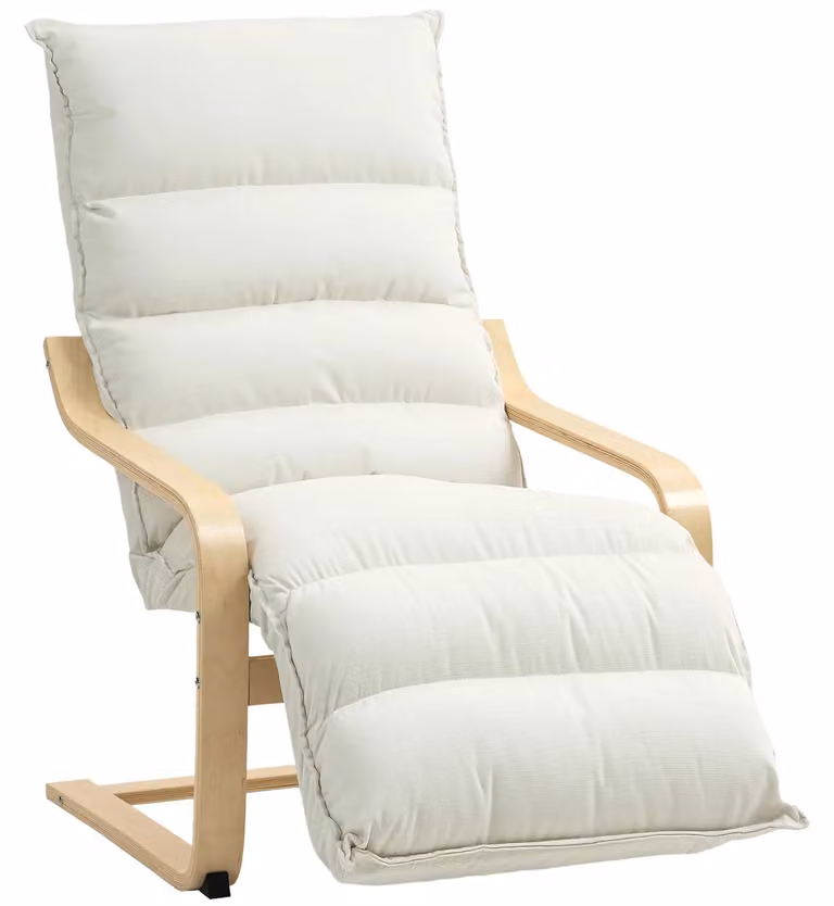 Poltrona relax - Poltrona imbottita per il soggiorno - Rivestita in velluto effetto velluto - Poggiapiedi regolabile - Imbottita - Funzione a dondolo - Bianco crema