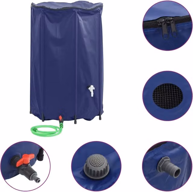 Serbatoio per acqua piovana con rubinetto pieghevole e filtro DESIGN IN, capacità 1000 l, colore blu, in PVC