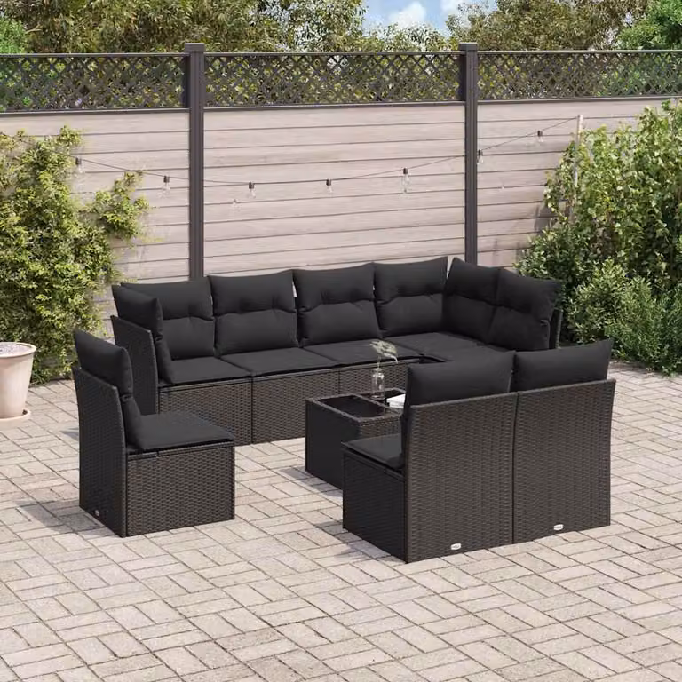 vidaXL Set Divani da Giardino 9 pz in Polyrattan Nero con Cuscini e Tavolino da Esterno