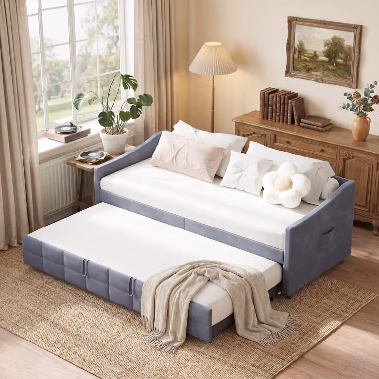 INONEFT, divano letto a una piazza e mezza (90x200 cm) o a due piazze (180x200 cm), con struttura a letto estraibile, rivestito in velluto, con rete a doghe e braccioli, colore grigio