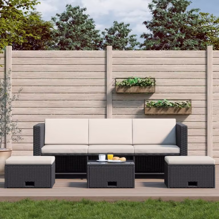 The Living Store Set salotto da giardino 4 pezzi con cuscini in poly rattan nero