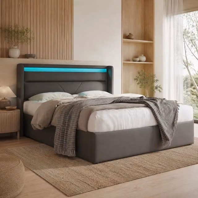 Letto contenitore idraulico con LED, letto matrimoniale imbottito 140x200 cm grigio con telecomando