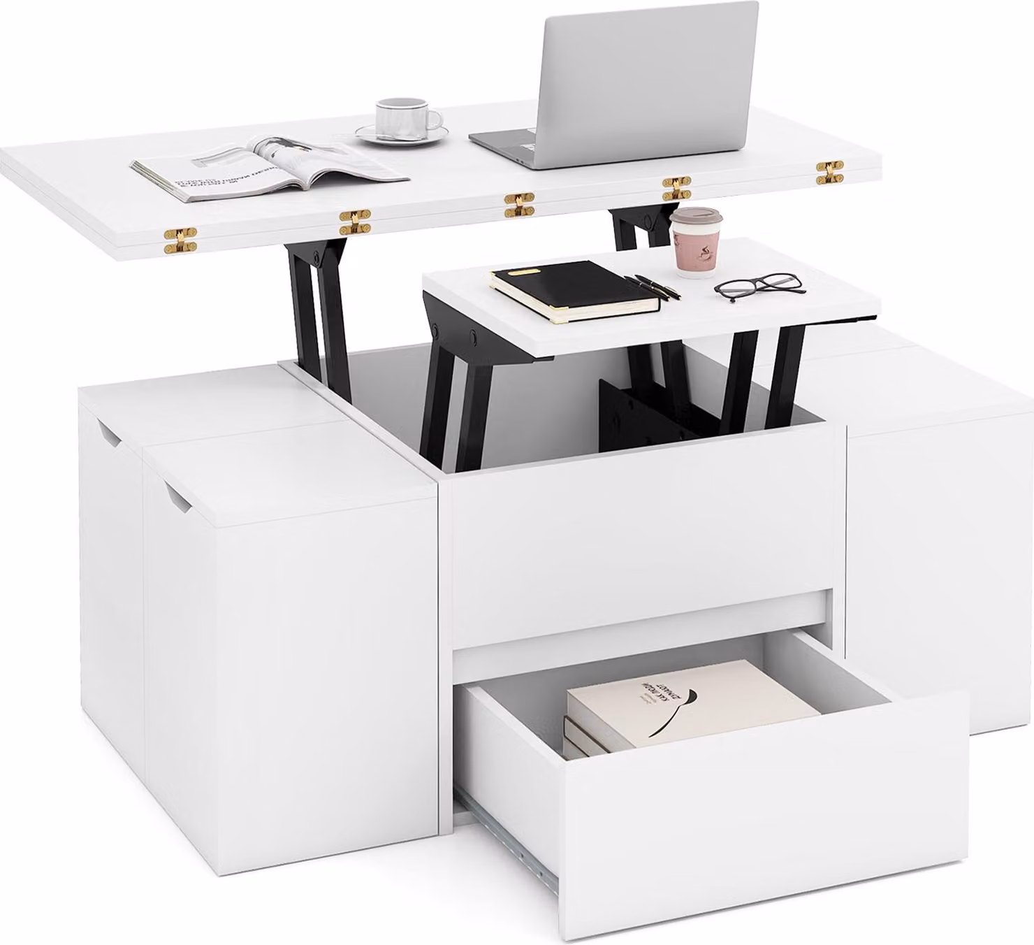 COSTWAY Tavolino con 4 sgabelli, tavolino da salotto con vano nascosto e cassetto, tavolino 3 in 1, tavolo da pranzo, tavolino da divano, 100x50x44 cm, bianco