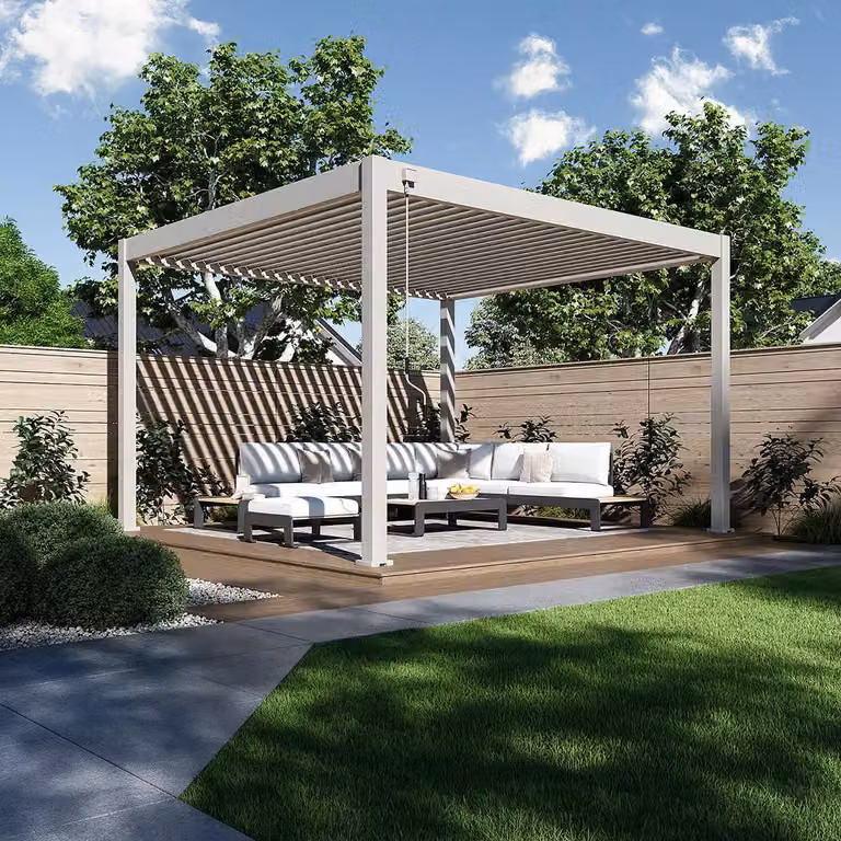 Pergola Weide Deluxe interamente in alluminio 3,6x4 m con tetto a lamelle, modello indipendente, colore Ivory Sand