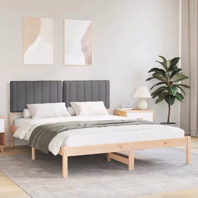 Letto moderno vidaXL con testiera rivestita in tessuto grigio e struttura in legno di pino L/P/H: 205.5 x 155.5 x 84.5 cm, misura 150 x 200 cm