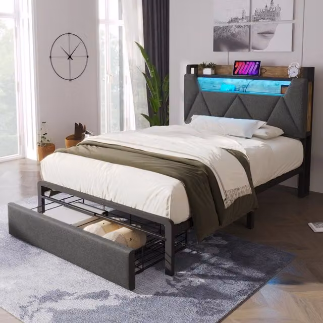 Letto singolo 90x200 grigio con LED, ricarica USB-C, testiera contenitore e cassetto
