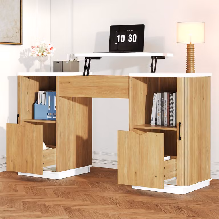Scrivania okwish con 2 cassetti e 2 ripiani aperti, scrivania per computer con design a righe, ampio spazio di archiviazione, legno di quercia