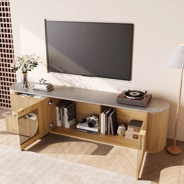 Mobile porta TV con vetrina ovale in vetro grigio cassetti e vani chiusi finitura legno naturale 172 × 38 × 45,5 cm