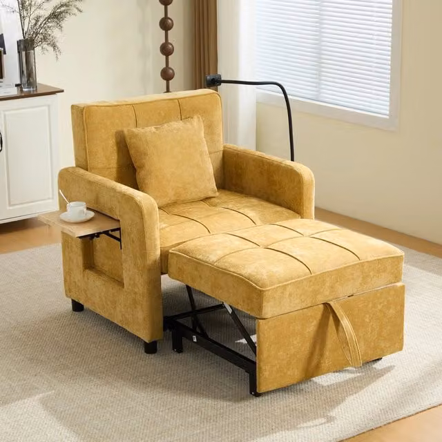 Divano letto singolo ¨C Minimal ¨C Chenille grigio, con cuscini, tasche laterali e tavolino