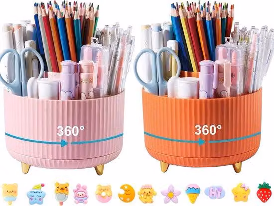 Portapenne girevole a 360 gradi, 5 scomparti, rosa e arancione, ufficio, scuola