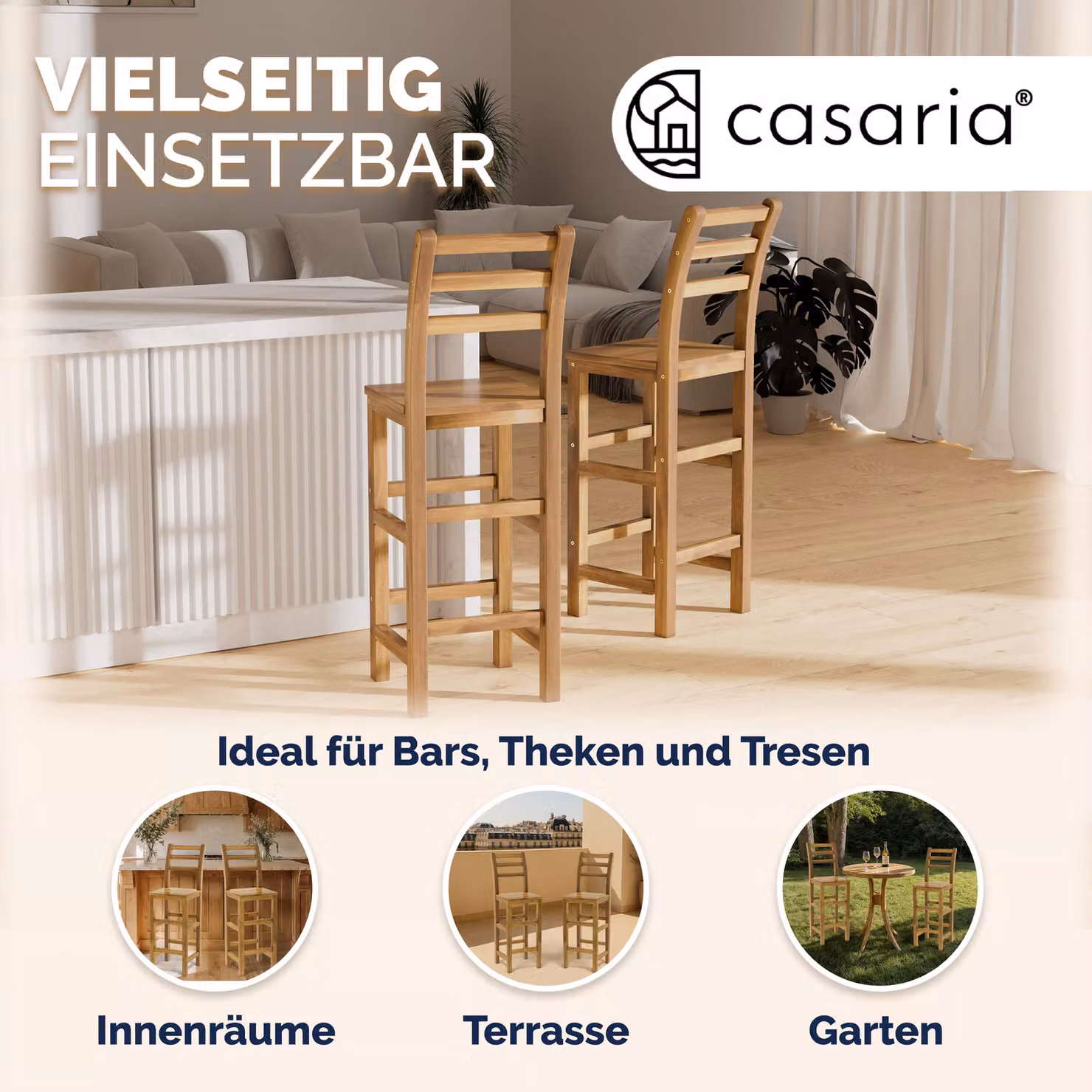 Set di 4 sgabelli da bar Casaria in legno di acacia color marrone rustico H 75 cm, L 40 cm, P 35,5 cm – 3