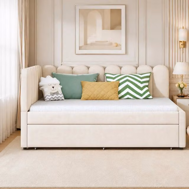 Divano letto L 140x200 cm beige in tessuto con letto estraibile