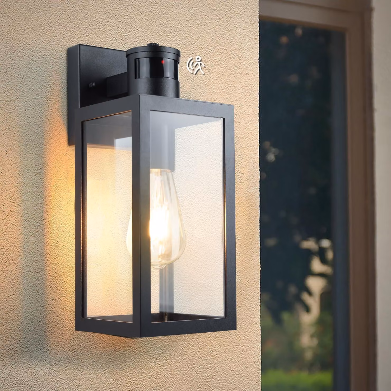 Lampada da parete esterna, alluminio, sensore PIR, confezione da 1, colore nero, forma rettangolare