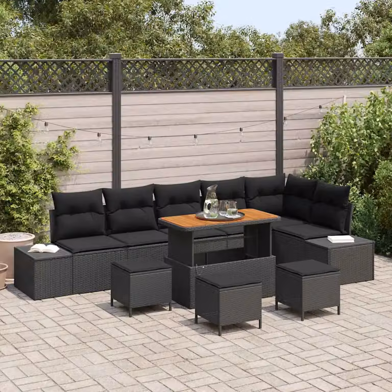Set Divano da Giardino vidaXL 10 Pezzi Moderno a Forma di L con Cuscini Nero