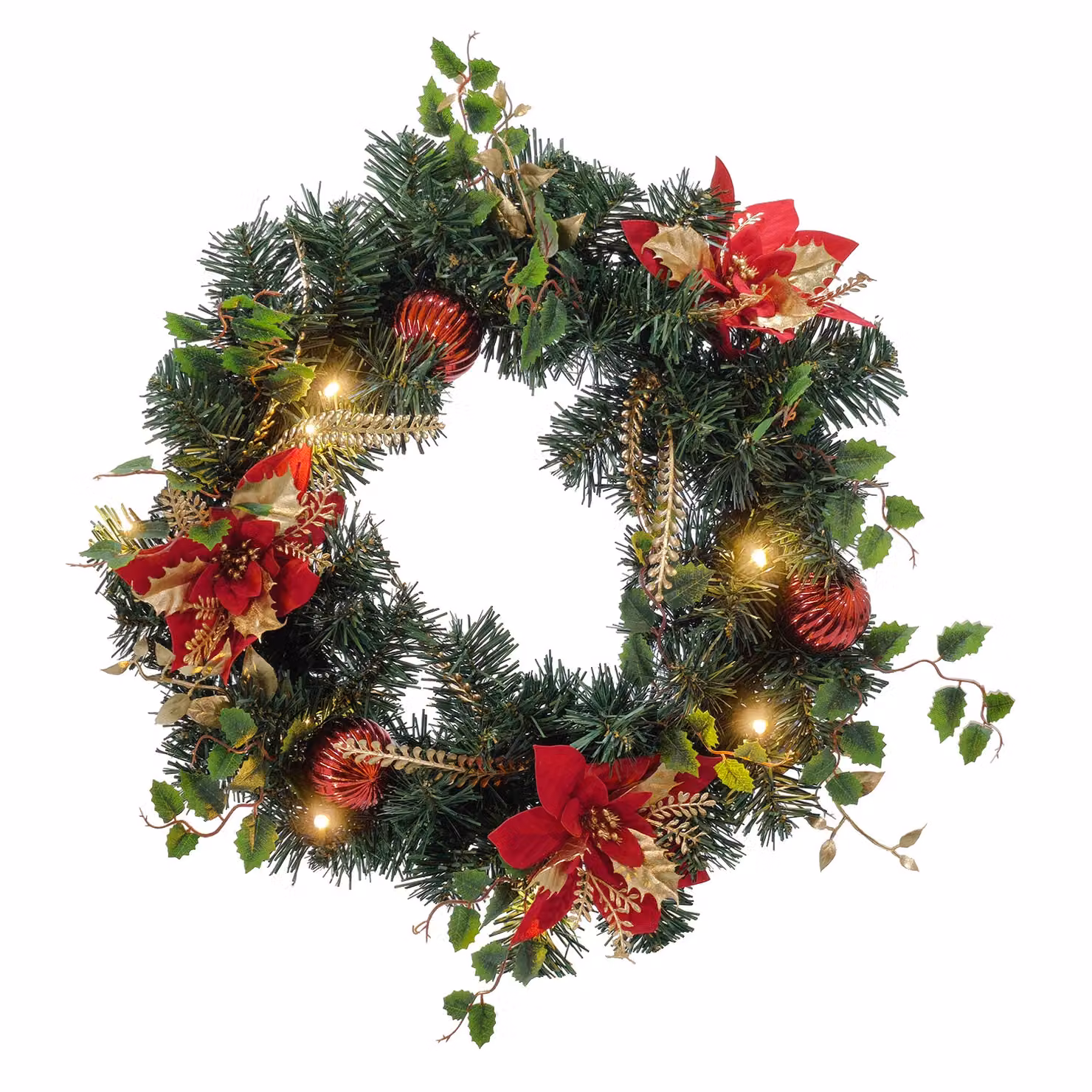 Ghirlanda Natalizia Artificiale DICTROLUX con 10 LED Bianco Caldo, Decorazione Verde, Rossa e Oro, Diametro: 40 cm – 1