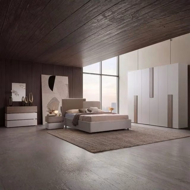 Completa la tua camera da letto con il set Malena moderno composto da letto contenitore con base a sollevamento e armadio a 6 ante, disponibile in colore grigio chiaro e finitura Vanguard con struttura imbottita in tessuto. – 1