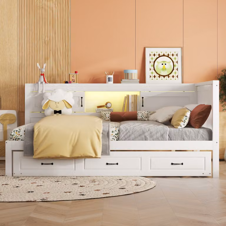 Lettino da giorno AIORBER, 140 x 200 cm, con letto estraibile, telecomando a LED, divano letto, USB e presa di corrente, vano portaoggetti, bianco (senza materasso)